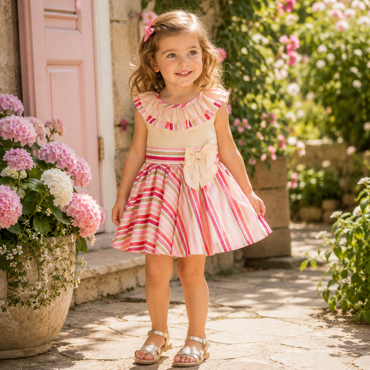 DBB Collection girls beige and pink stripe summer dress age 6 clearance sale