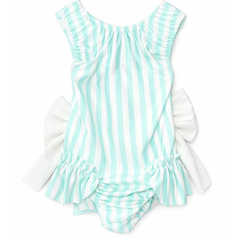 Girls mint green stripe swimsuit with frill trim ages 2 to 12