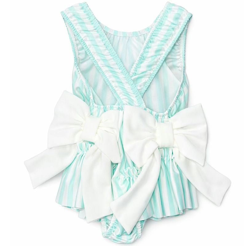 Girls mint green stripe swimsuit with oversized ivory bow cross back ages 2 to 12