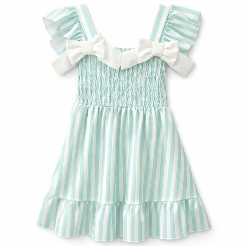 Girls mint green stripe smocked summer dress with ivory bow shoulders ages 4 to 14