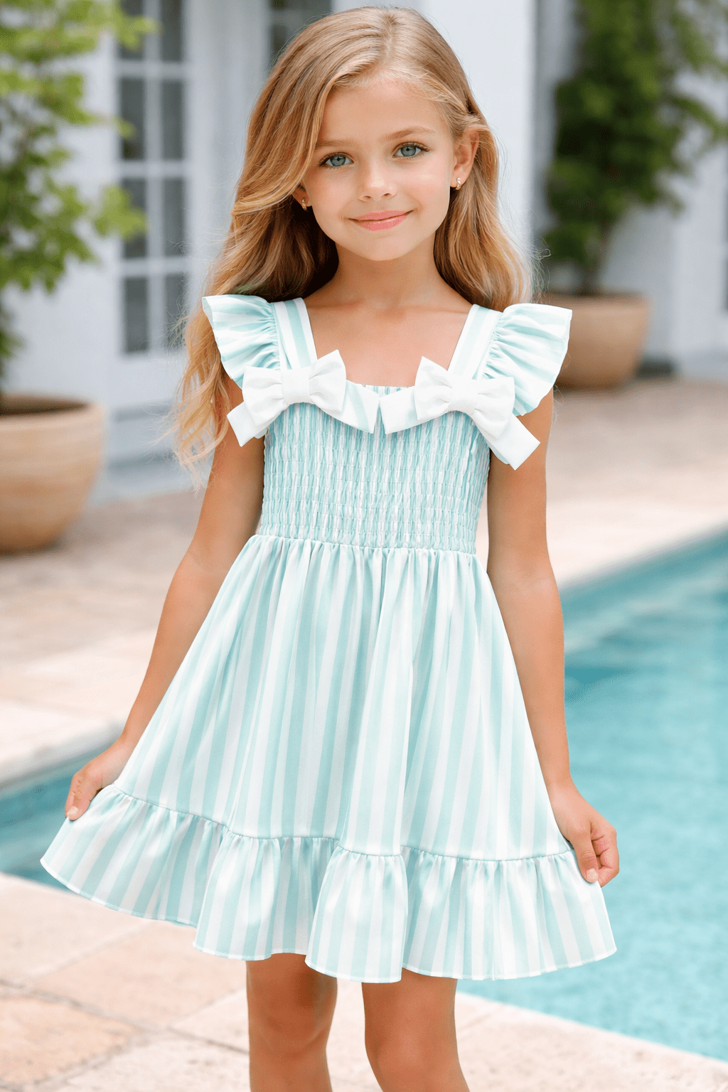 Girls mint green stripe smocked summer dress with ivory bow shoulders ages 4 to 14