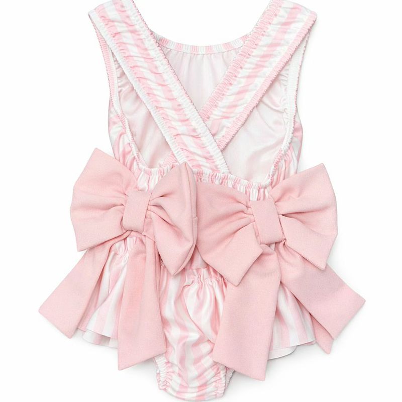 Girls Pink Stripe Bow Swimsuit 2–12 Years