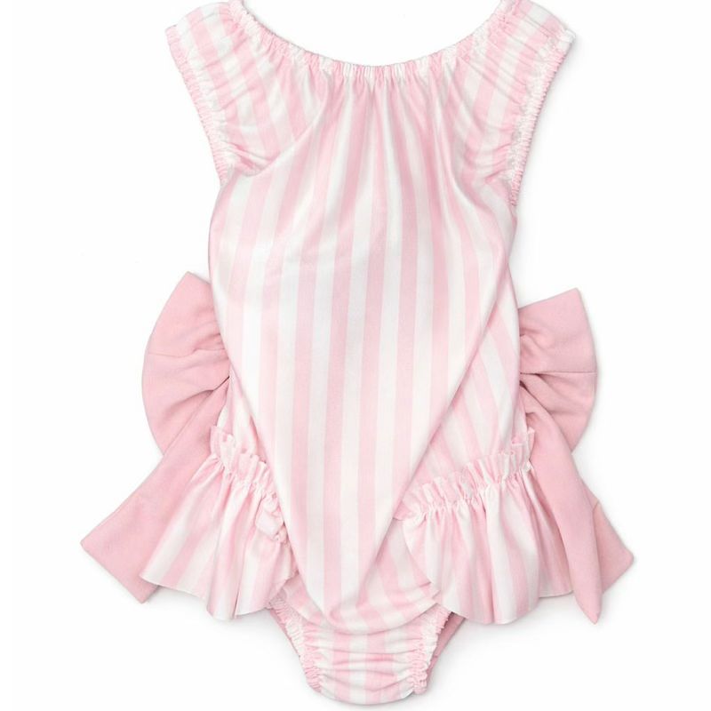 Girls Pink Stripe Bow Swimsuit 2–12 Years