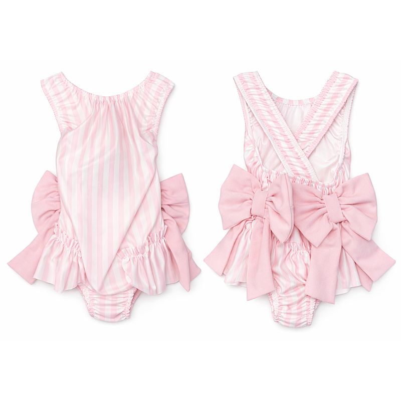 Girls Pink Stripe Bow Swimsuit 2–12 Years