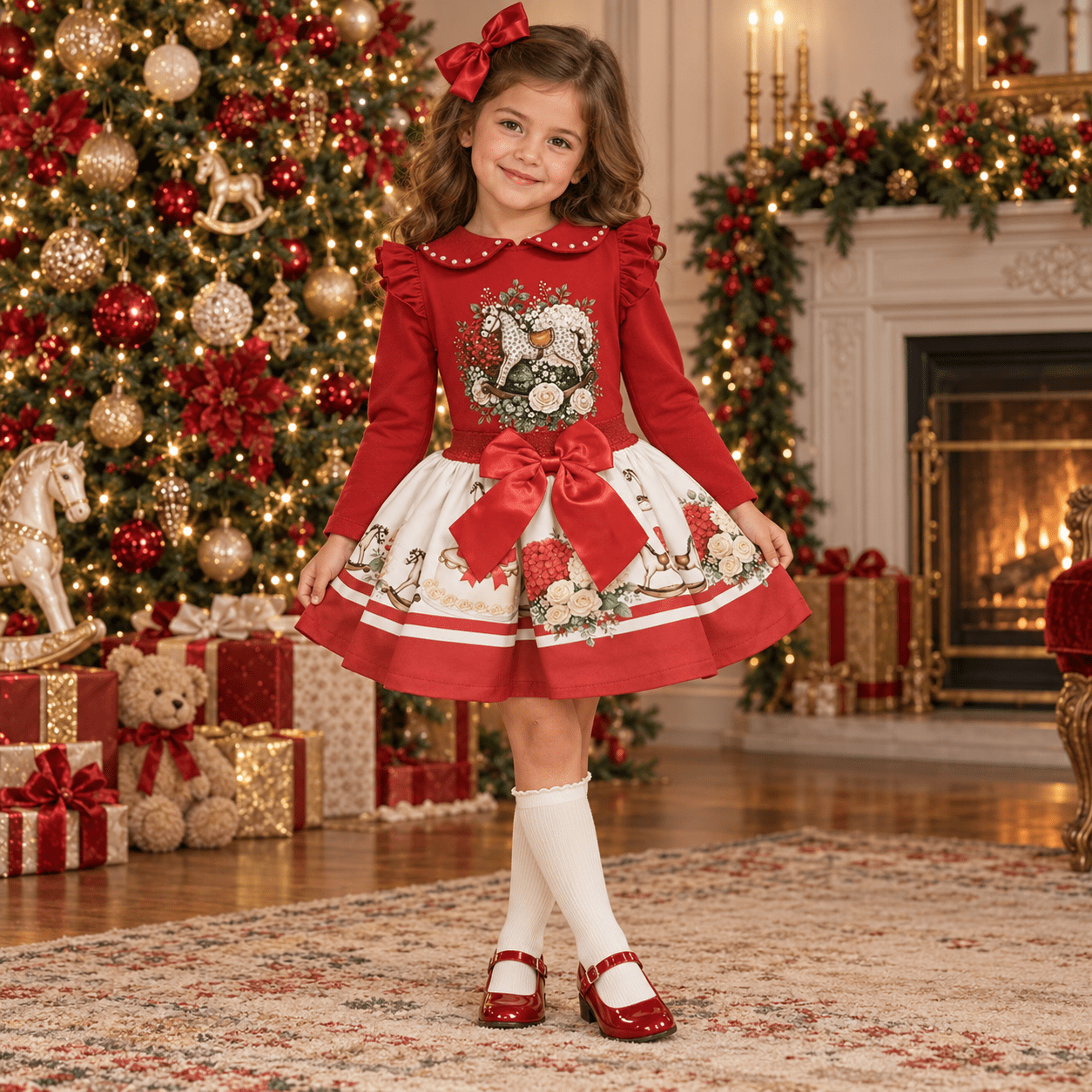 A young child wearing a red and cream rocking horse skirt and top set with peter pan collar and bow details in a beautiful Christmas decorated living room. 