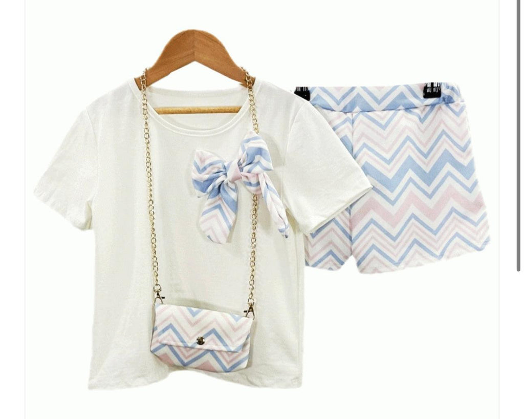 Girls SS24 - Lilac Blue & Pink Zig Zag Shorts with Matching Top & Bag - Mariposa Children's Boutique