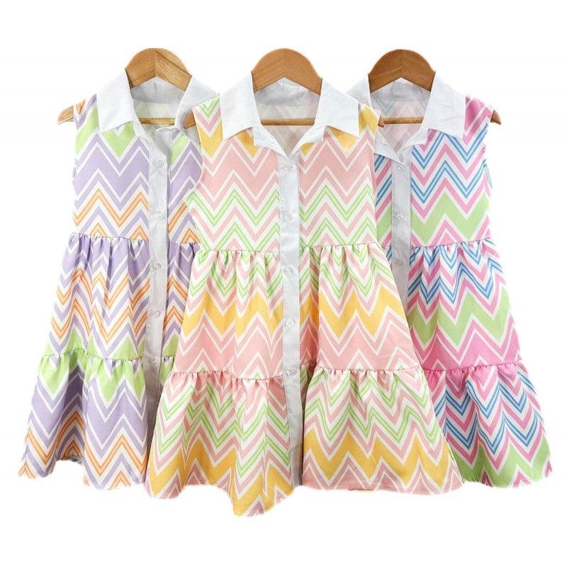 Girls SS24 - Zig Zag Multi Colour Lilac Summer Dress - Mariposa Children's Boutique