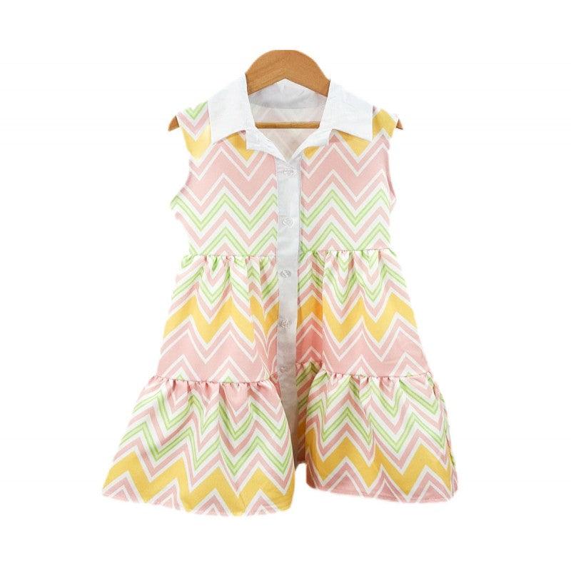 Girls SS24 - Zig Zag Multi Colour Yellow Summer Dress - Mariposa Children's Boutique