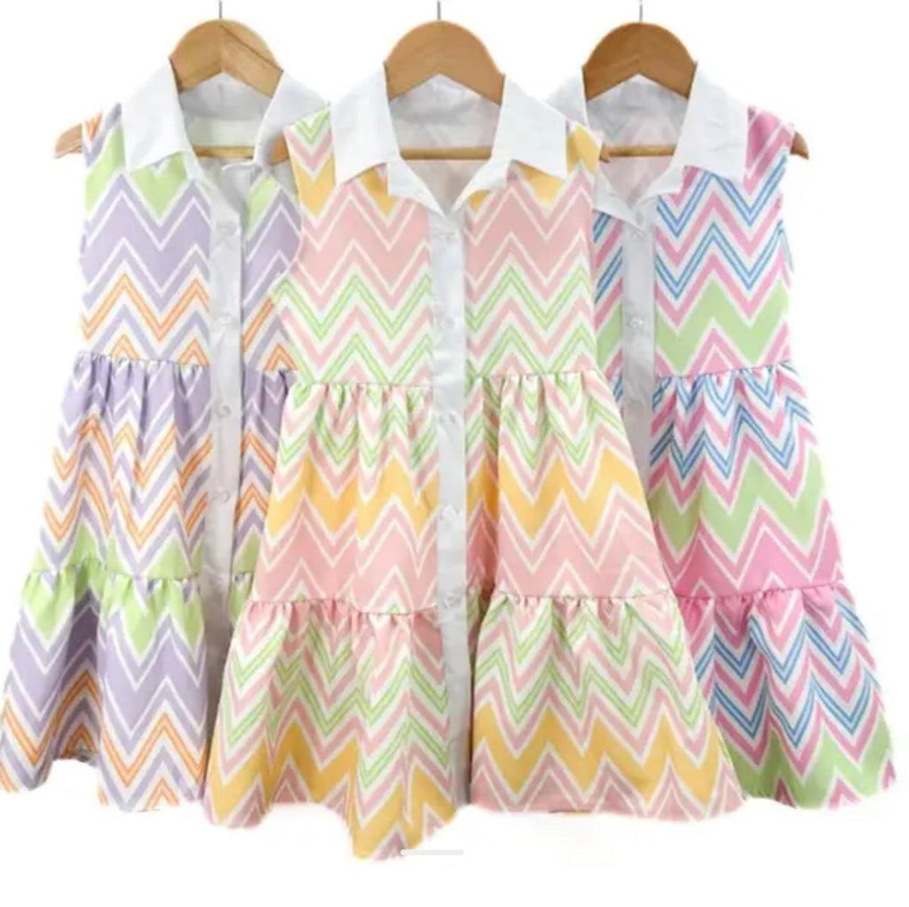 Girls SS24 - Zig Zag Multi Colour Yellow Summer Dress - Mariposa Children's Boutique