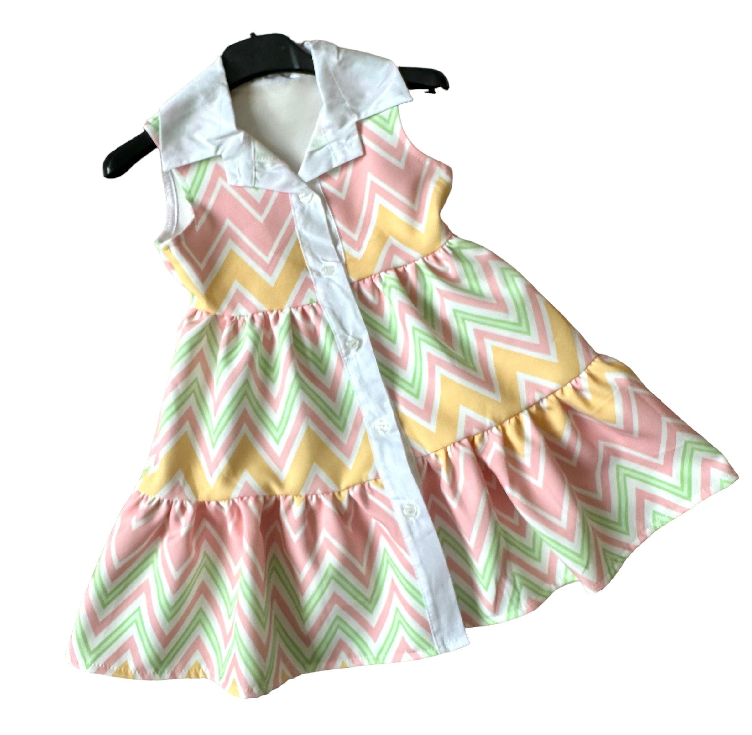 Girls SS24 - Zig Zag Multi Colour Yellow Summer Dress - Mariposa Children's Boutique