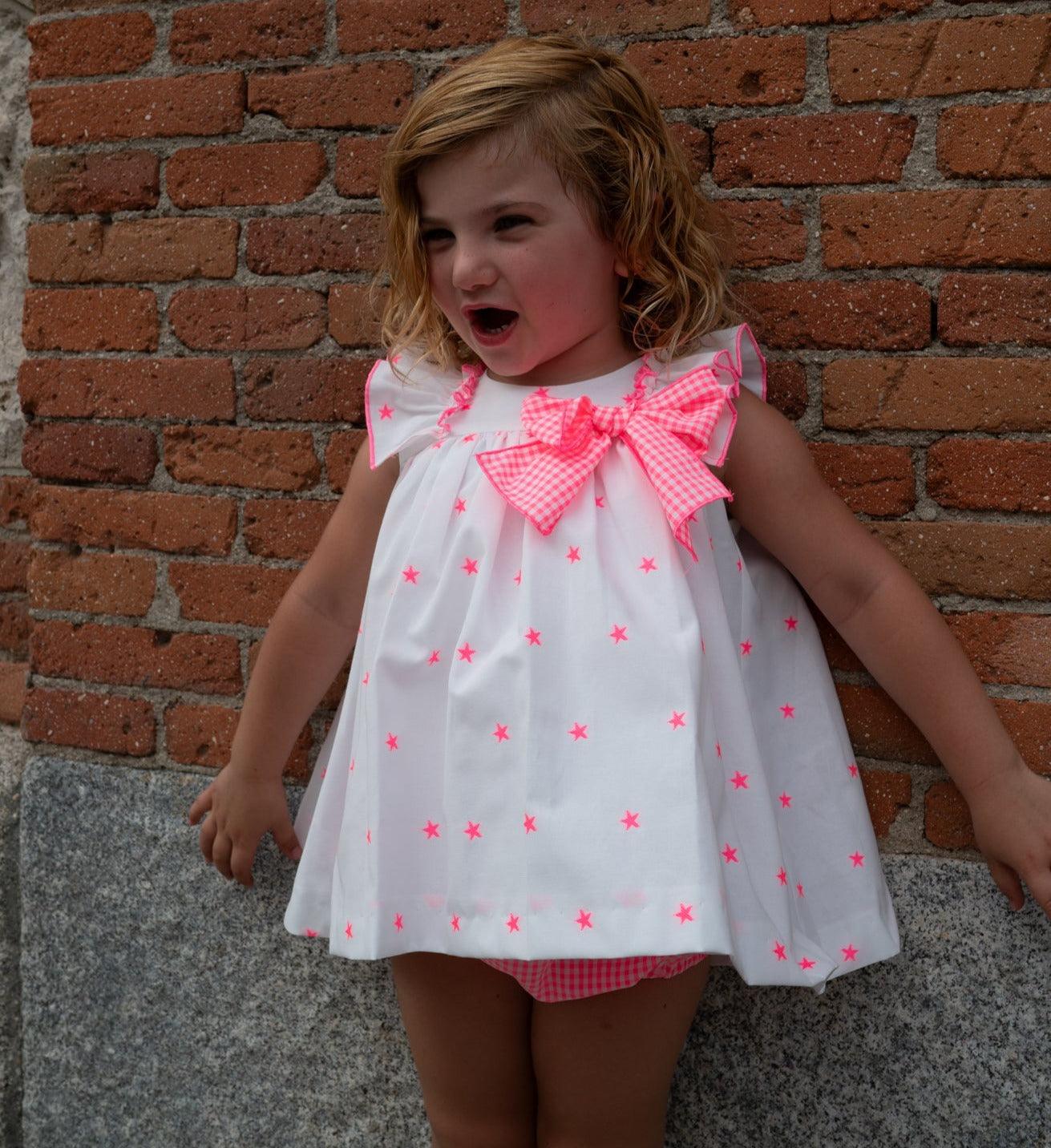 La Peppa SS24 - Baby Girls White & Neon Pink Star Baby Dress & Knickers - Mariposa Children's Boutique