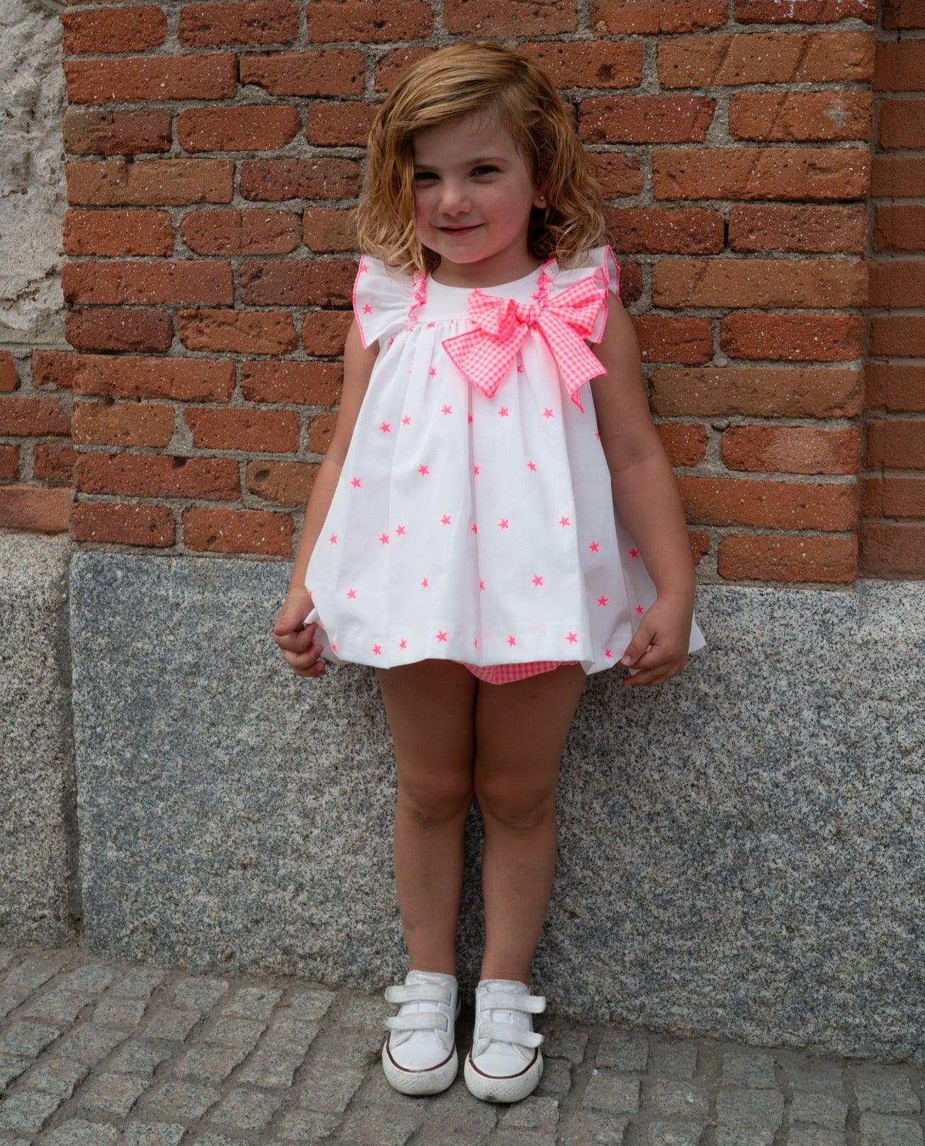 La Peppa SS24 - Baby Girls White & Neon Pink Star Baby Dress & Knickers - Mariposa Children's Boutique