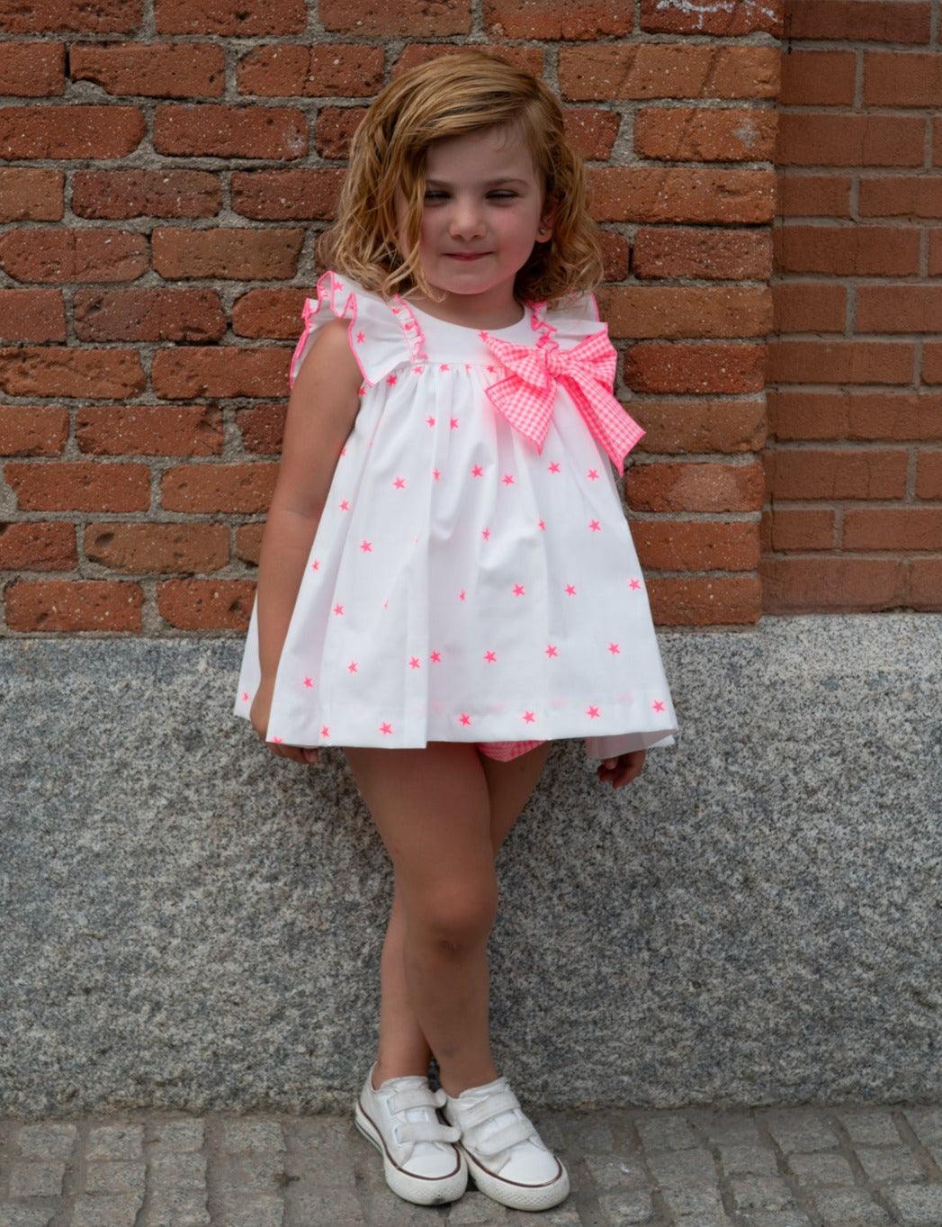 La Peppa SS24 - Baby Girls White & Neon Pink Star Baby Dress & Knickers - Mariposa Children's Boutique