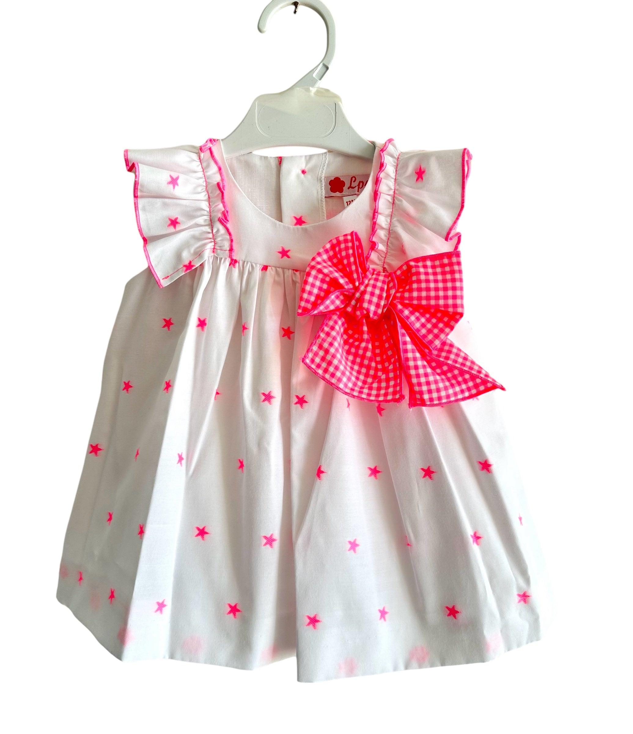 La Peppa SS24 - Baby Girls White & Neon Pink Star Baby Dress & Knickers - Mariposa Children's Boutique