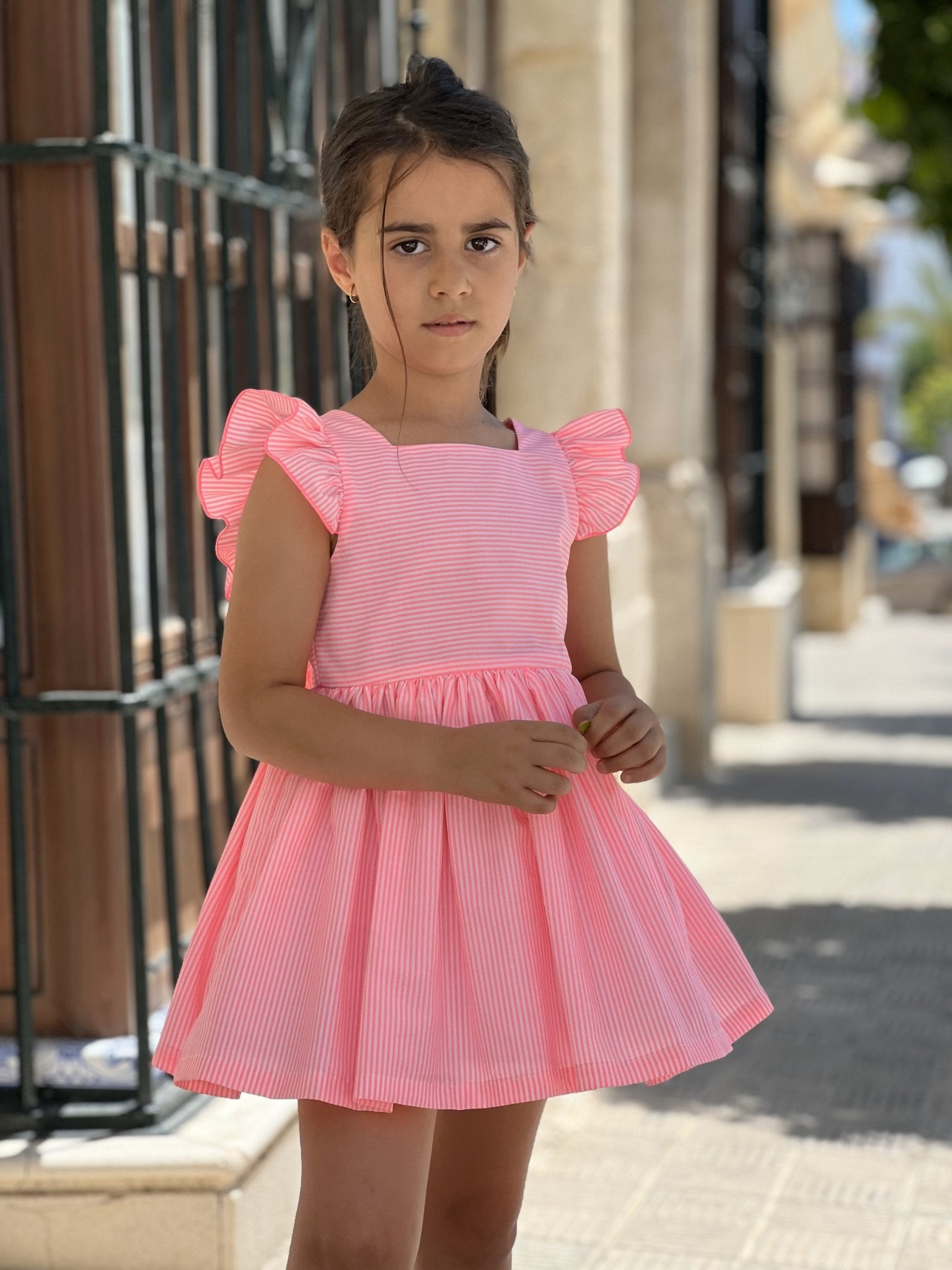 La Peppa SS25 - Girl's Neon Pink Stripe Summer Dress - Mariposa Children's Boutique