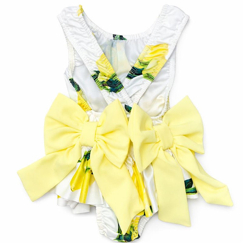 Girls lemon print swimsuit with oversized yellow bow cross back ages 2 to 12
