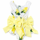 Girls lemon print swimsuit with oversized yellow bow cross back ages 2 to 12