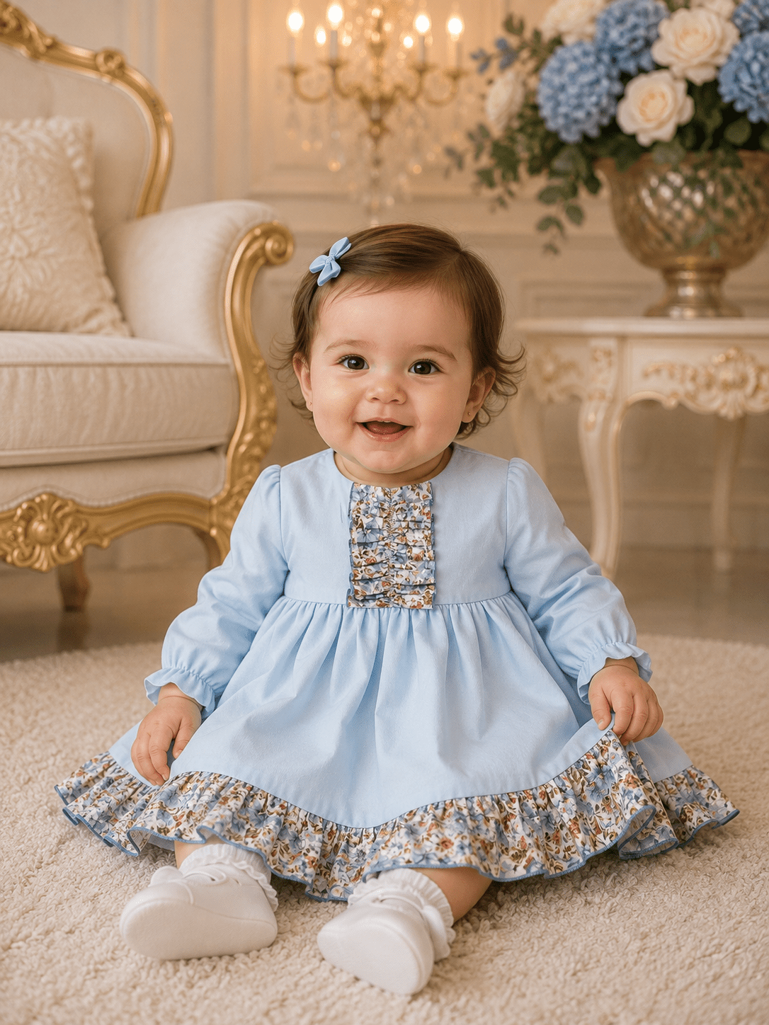 A baby girl wearing a light blue long-sleeve dress with a floral patterned yoke and ruffled hem, sitting on a cream carpet in an elegant room.