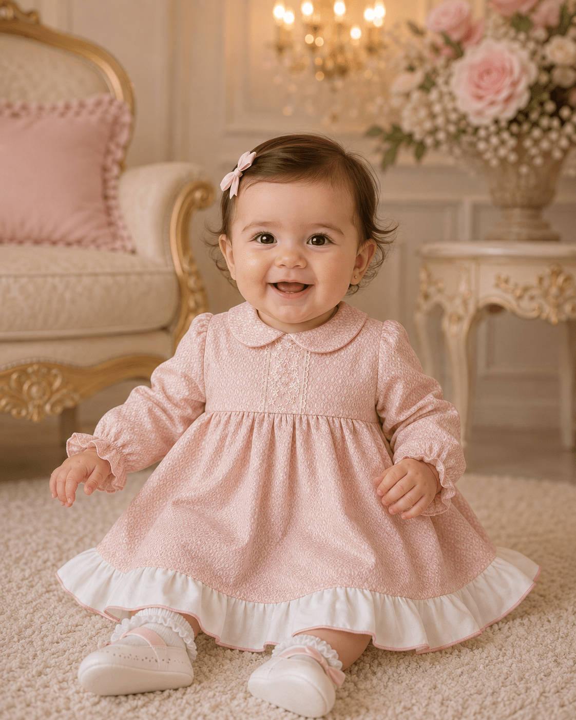 Lor Miral Baby Girls Pink & Cream Dress & Knickers, 18m