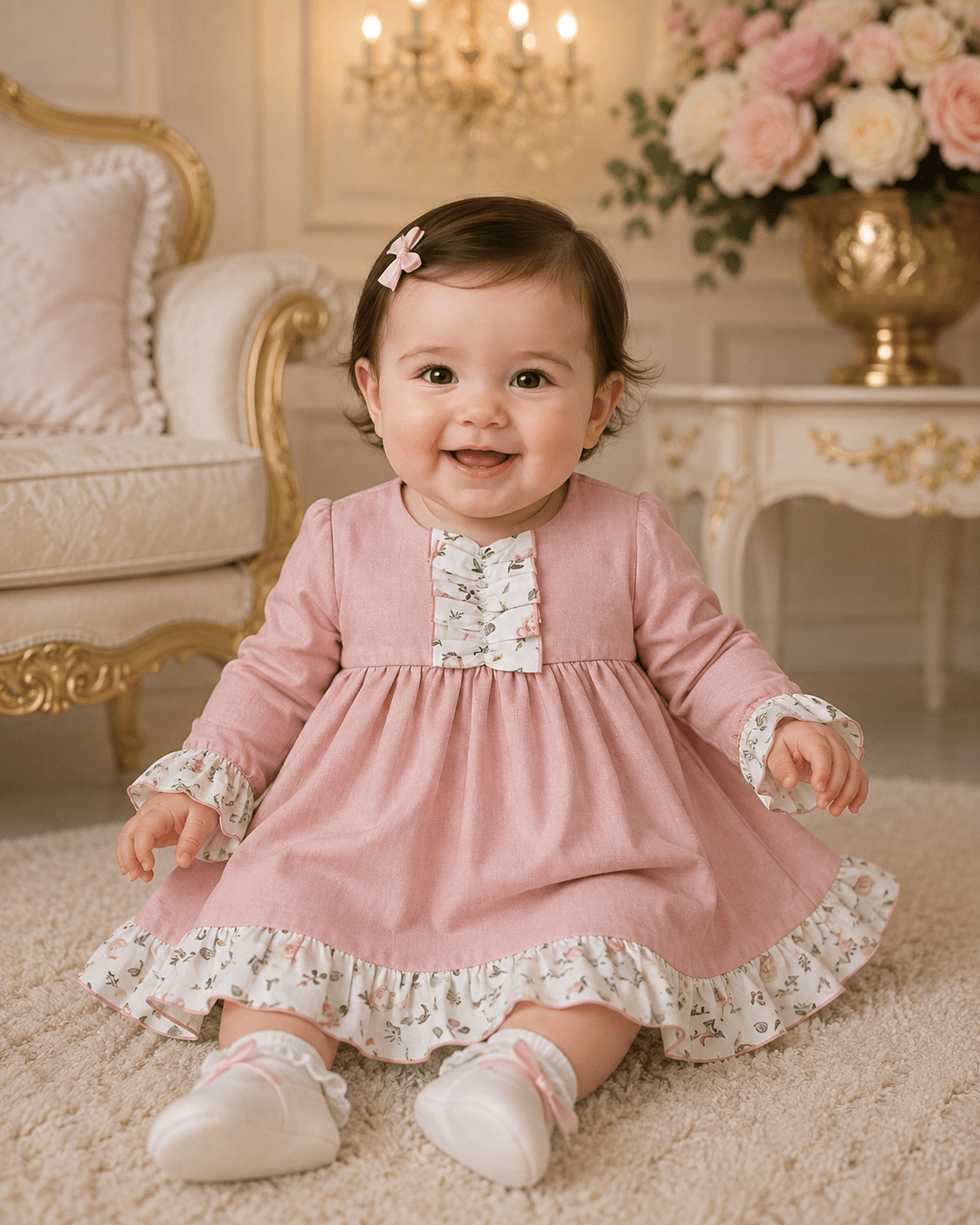 A smiling baby girl wearing a dusty pink long-sleeve dress with a white floral ruffle collar, cuffs, and hem, sitting on a beige carpet in a beautifully decorated room.