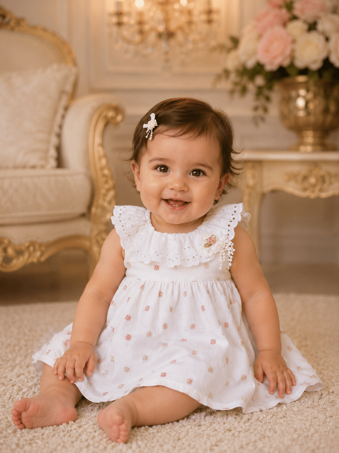 Lor Miral baby girls white and pink floral dress with broderie anglaise collar age 6 months