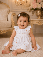 Lor Miral baby girls white and pink floral dress with broderie anglaise collar age 6 months