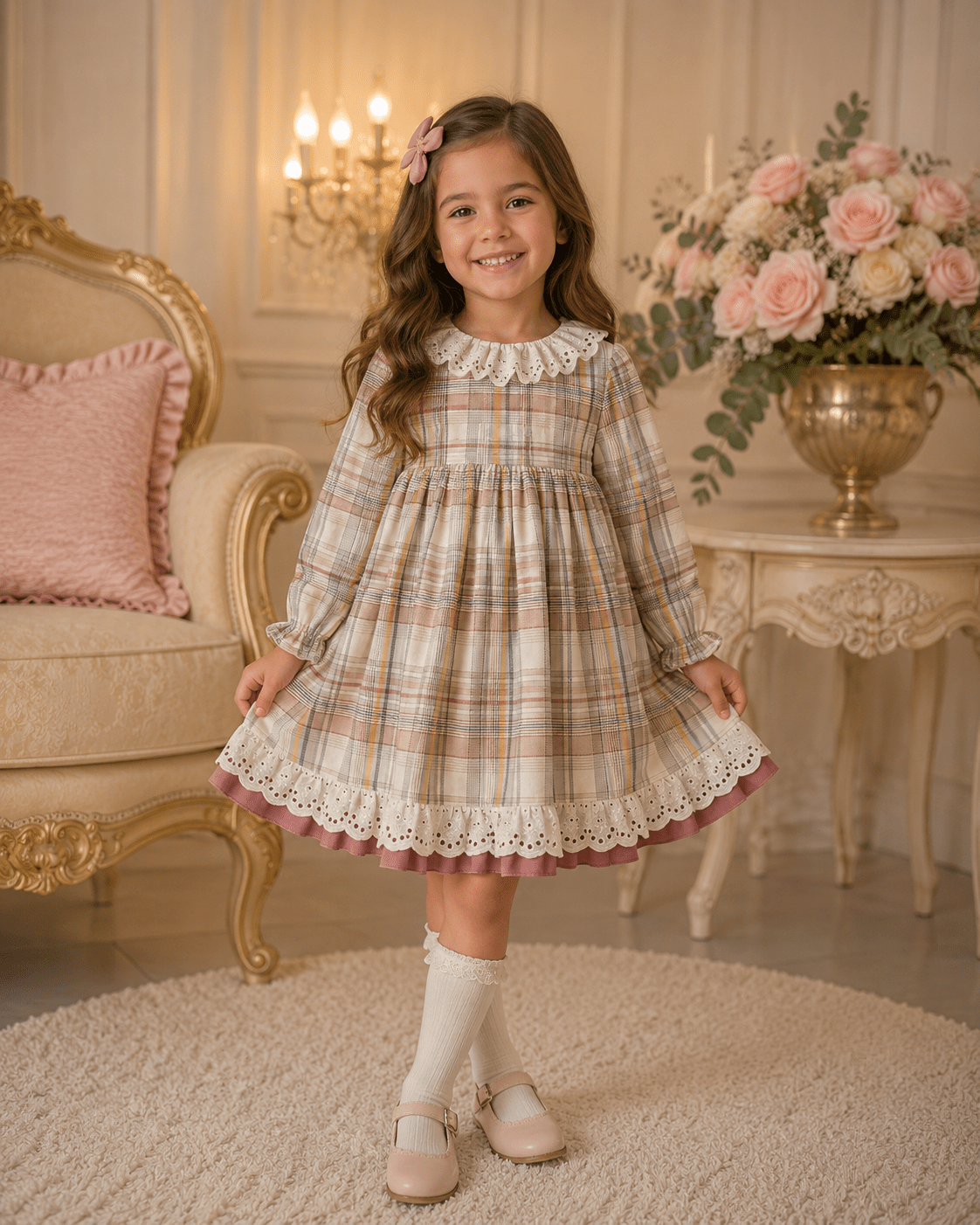 A young girl stands in a vintage-style room wearing a Lor Miral long-sleeve plaid dusky pink dress with a white ruffled collar and hem, white socks, and pink shoes. The room features a cream-colored armchair, a gold chandelier, and a table with pink roses.