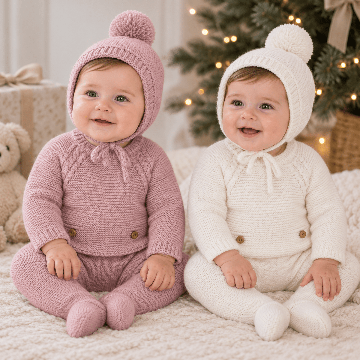 Mac Ilusion Baby Knitted 3 Piece Suit & Bonnet 12M | Pink & White