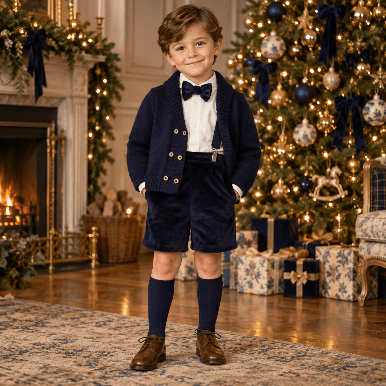 Mac Ilusion boys Navy shorts, shirt, cardigan and bow tie set for Christmas 2026. 