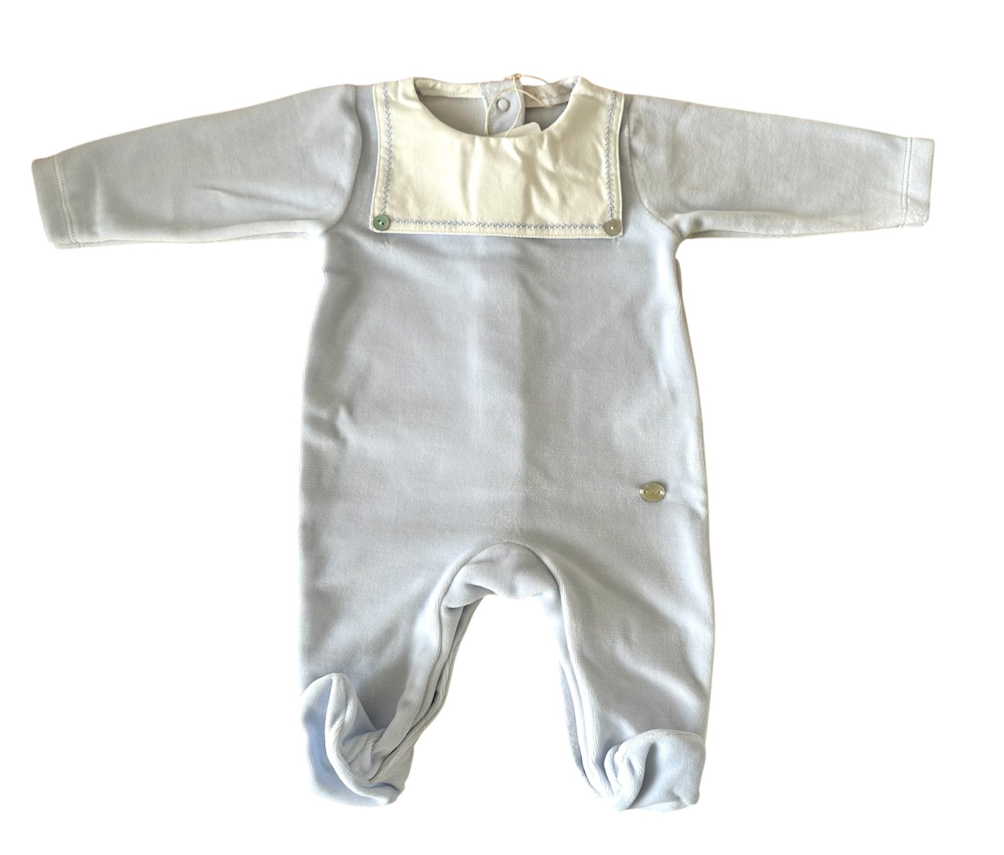 Baby blue Velour Babygrow with white bib collar detail by Martin Aranda in Spain for AW25 