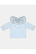 A light blue baby long-sleeve top featuring a fluffy faux-fur collar in a pale blue-gray shade, displayed flat against a light gray background.