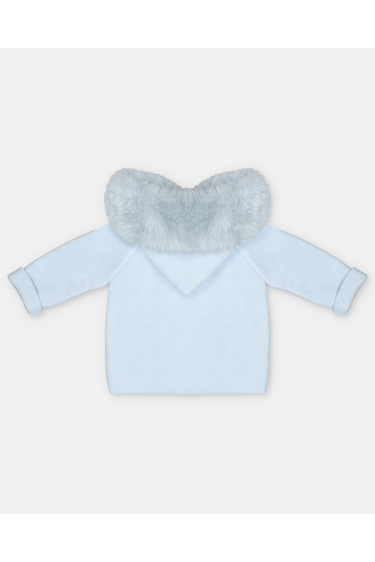 A light blue baby long-sleeve top featuring a fluffy faux-fur collar in a pale blue-gray shade, displayed flat against a light gray background.