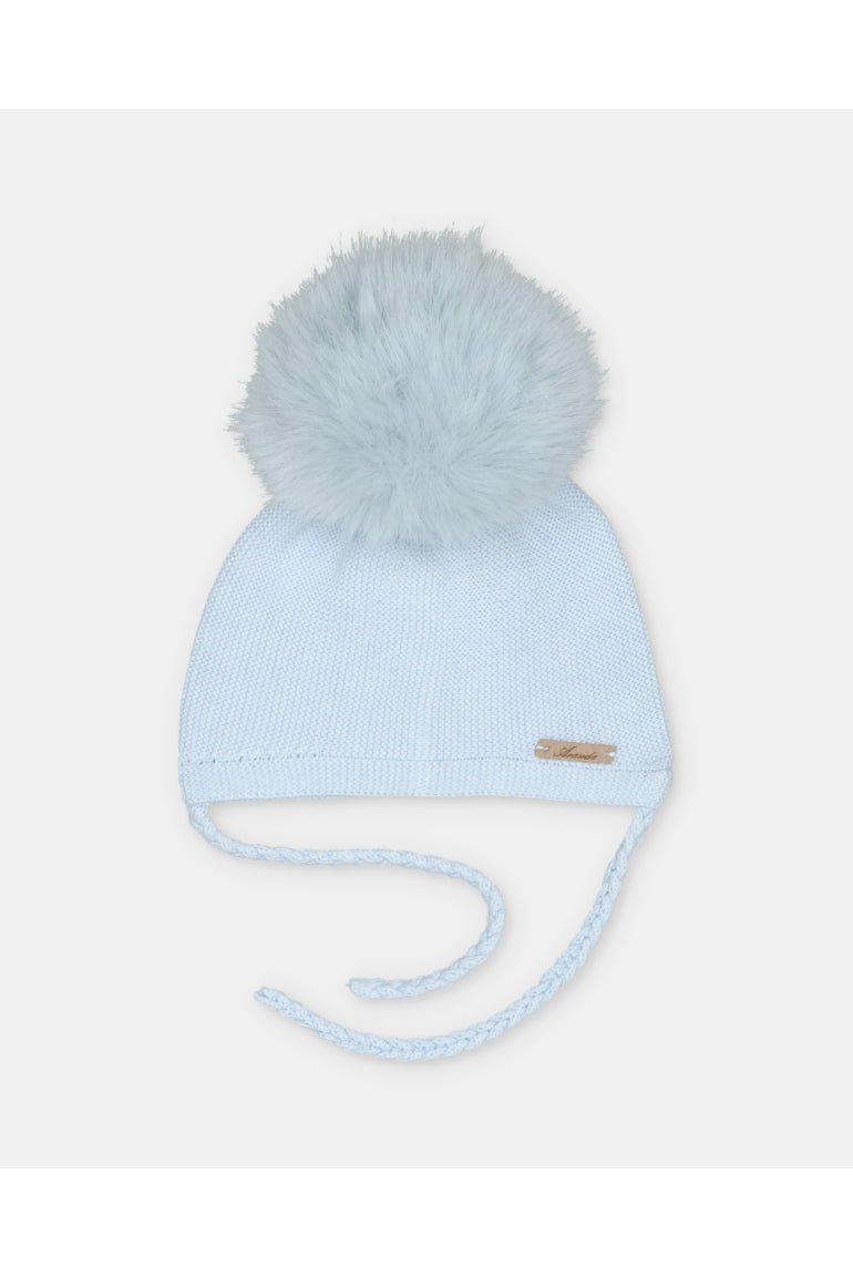 Martin Aranda baby pink knitted baby hat with faux fur pom pom made in Spain AW26