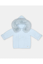 Martin Aranda baby pink knitted baby coat with faux fur hood made in Spain AW26