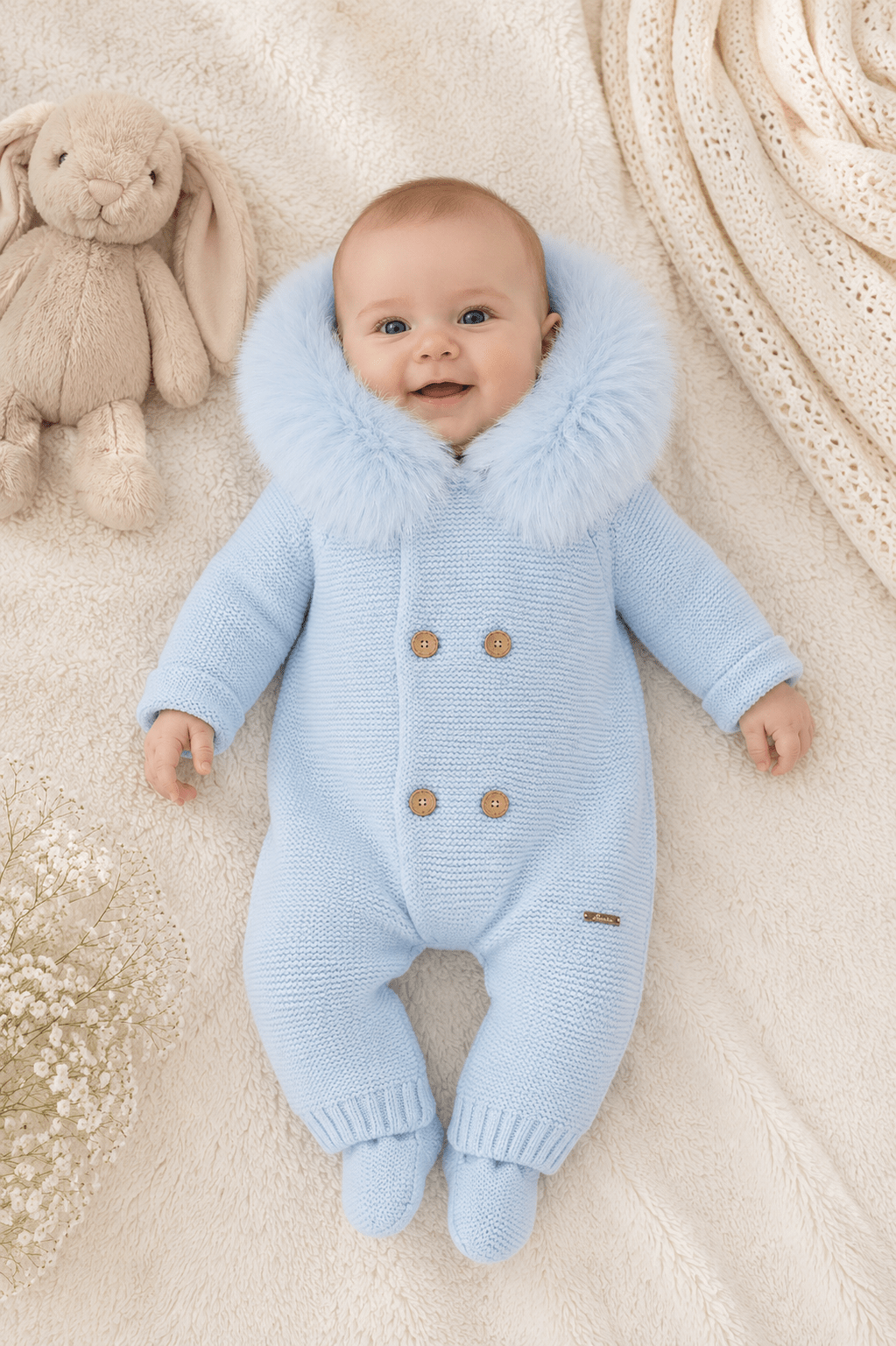 Martin Aranda baby blue knitted baby pramsuit with faux fur hood made in Spain AW26
