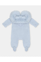Back view of Martin Aranda baby blue knitted baby pramsuit with faux fur hood and enclosed feet AW26
