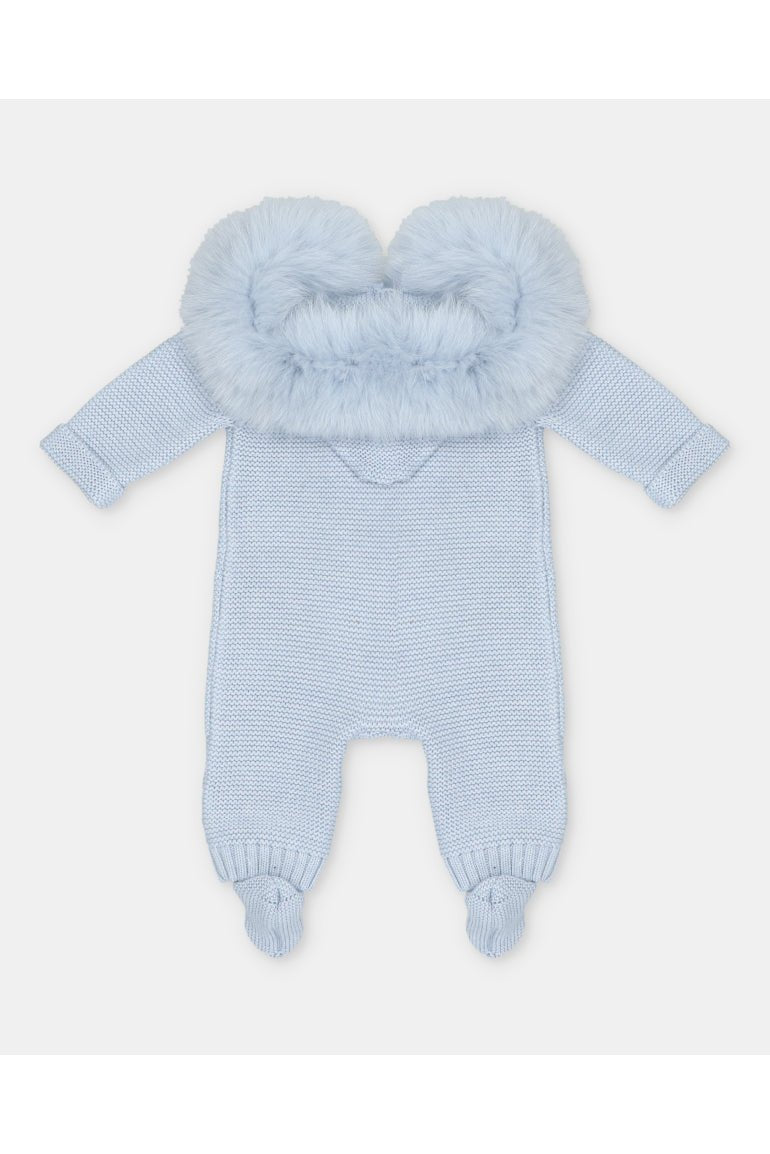 Back view of Martin Aranda baby blue knitted baby pramsuit with faux fur hood and enclosed feet AW26