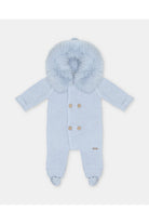 Martin Aranda baby blue knitted baby pramsuit with faux fur hood made in Spain AW26