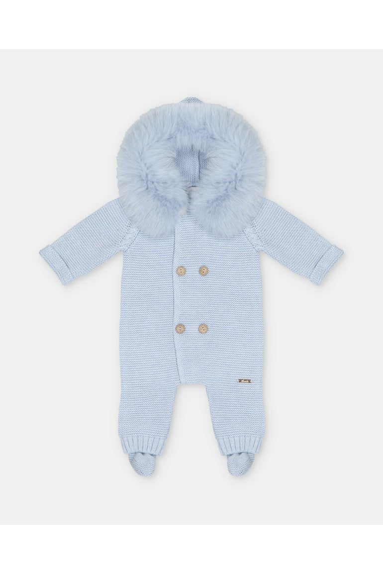 Martin Aranda baby blue knitted baby pramsuit with faux fur hood made in Spain AW26