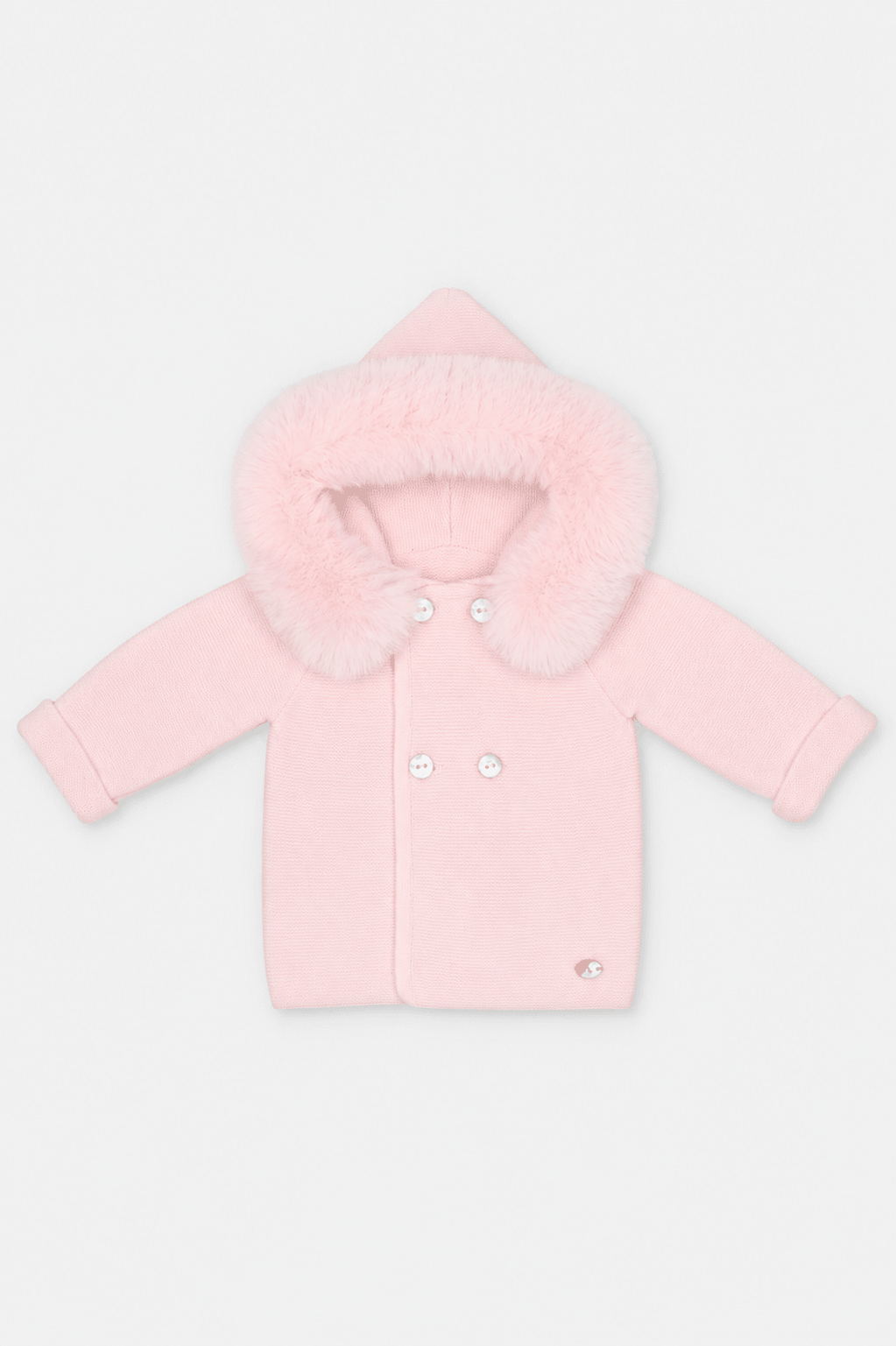 Martin Aranda baby pink knitted baby coat with faux fur hood made in Spain AW26