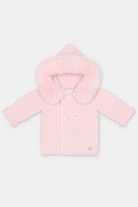Martin Aranda baby pink knitted baby coat with faux fur hood made in Spain AW26