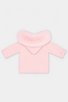 Martin Aranda baby pink knitted baby coat with faux fur hood made in Spain AW26
