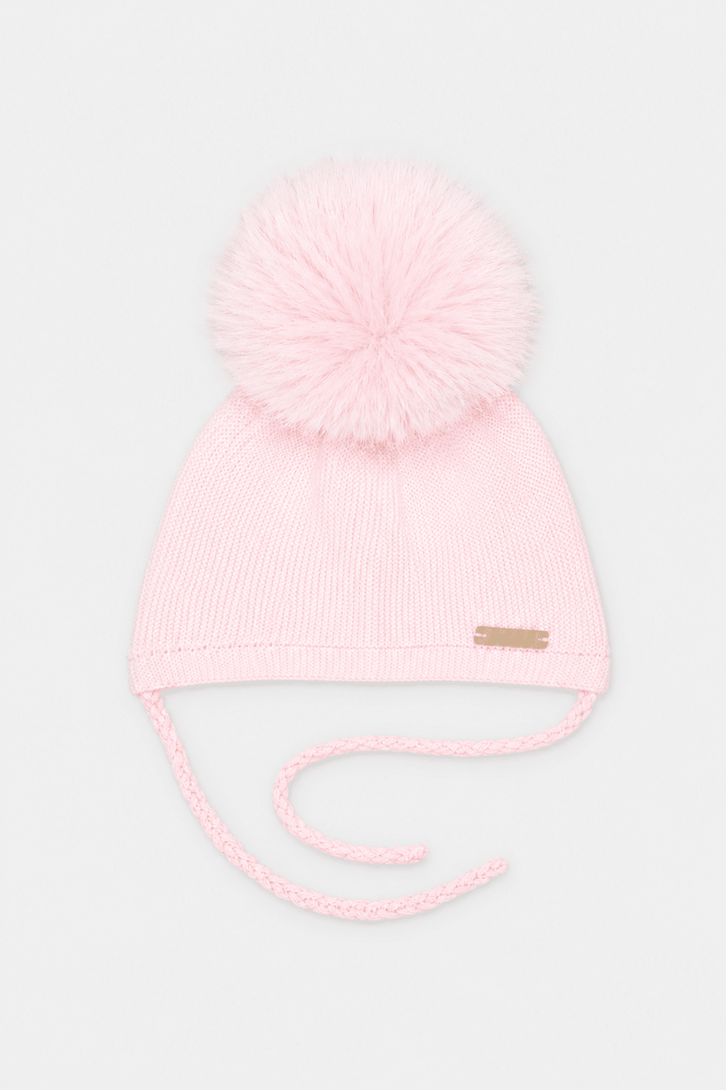 Martin Aranda baby pink knitted baby pom pom hat with faux fur pom pom made in Spain AW26