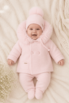 Martin Aranda baby pink knitted baby pom pom hat with faux fur pom pom made in Spain AW26