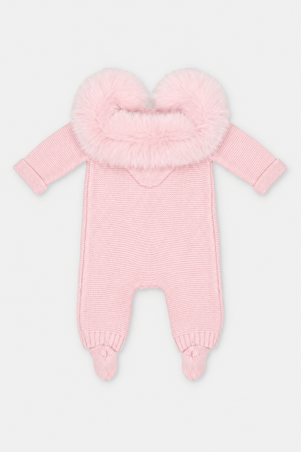 A light pink knit baby footed one-piece with a fluffy faux-fur hood trim, shown against a plain light gray background.