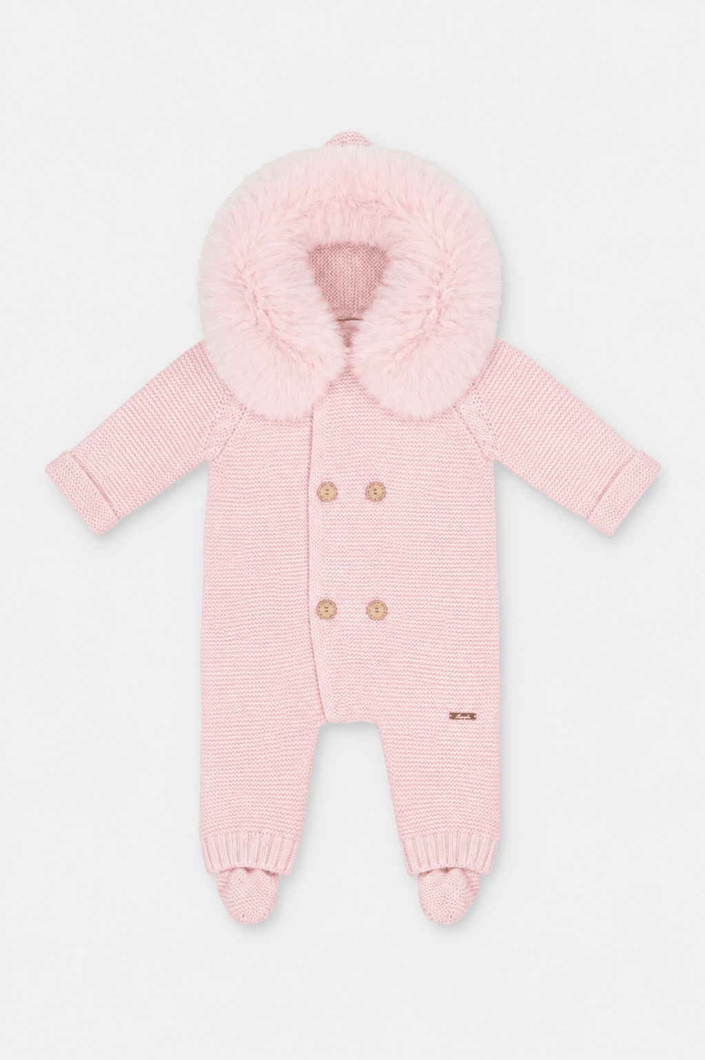 Back of Martin Aranda baby pink knitted pramsuit with faux fur hood and enclosed feet