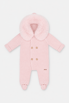 Back of Martin Aranda baby pink knitted pramsuit with faux fur hood and enclosed feet