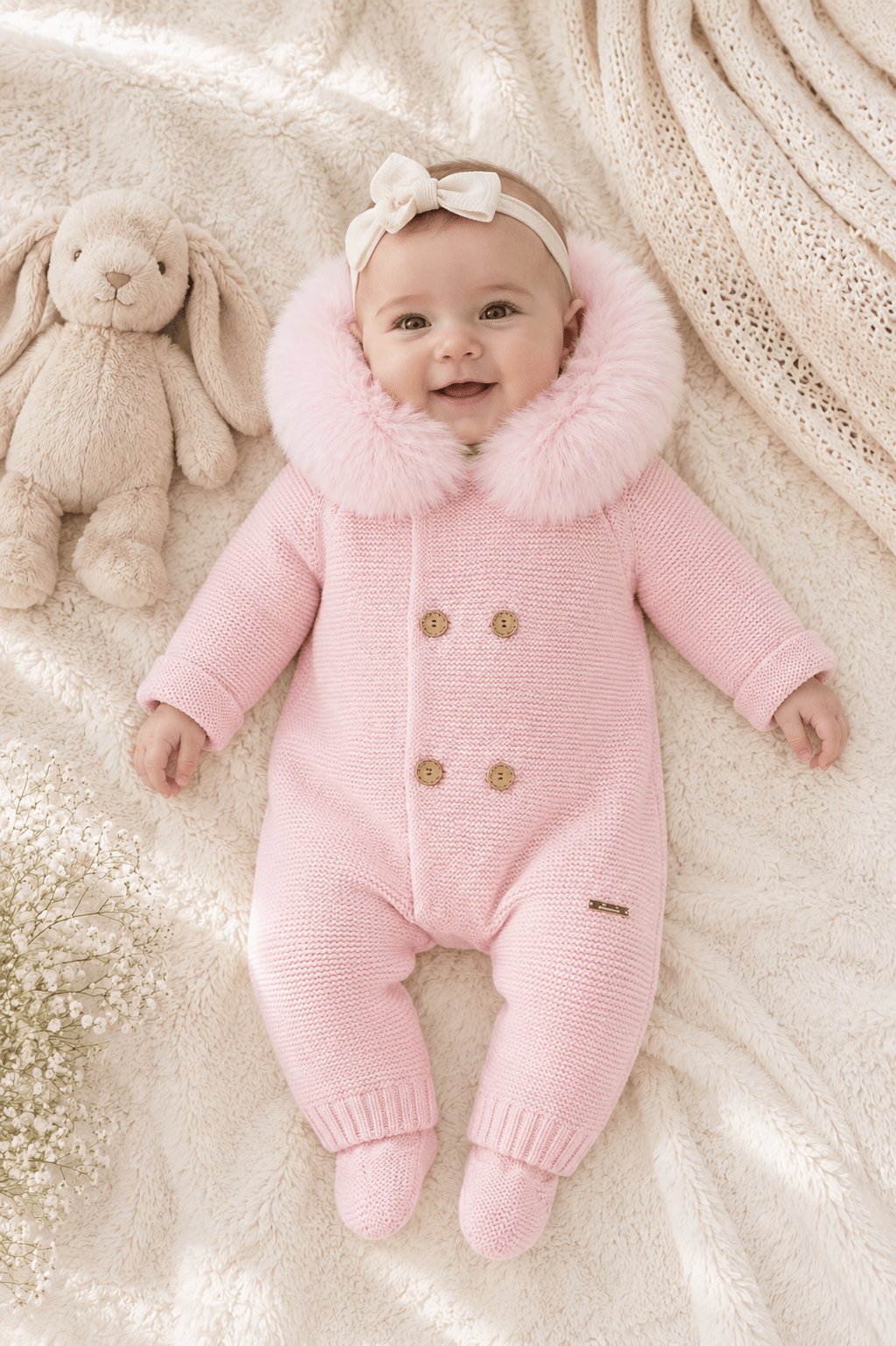 Martin Aranda baby pink knitted baby pramsuit with faux fur hood AW26