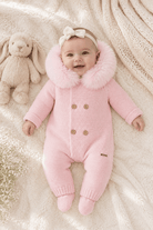 Martin Aranda baby pink knitted baby pramsuit with faux fur hood AW26