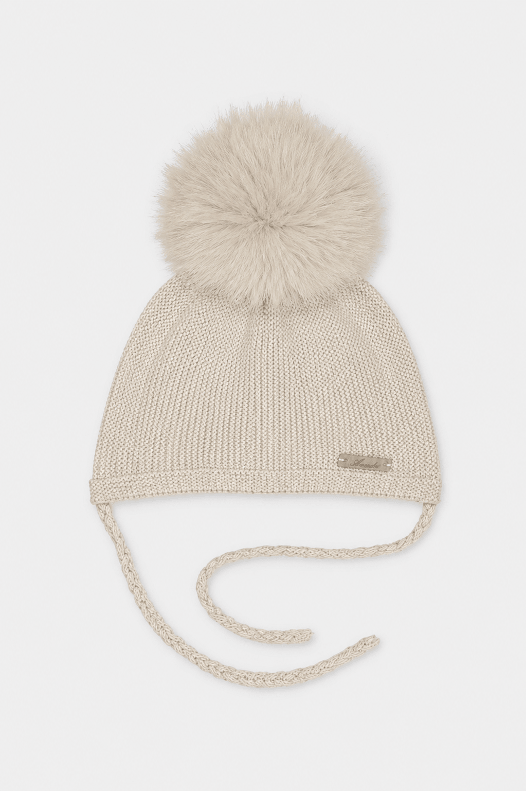 Martin Aranda beige knitted baby pom pom hat with faux fur pom pom made in Spain AW26